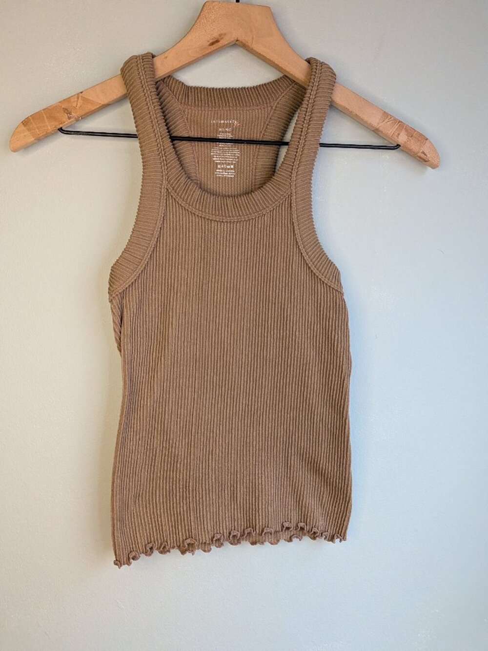 Intimately Free People Ribbed Racerback Ruffle Hem Tank Top Almond Tan Sz M/L